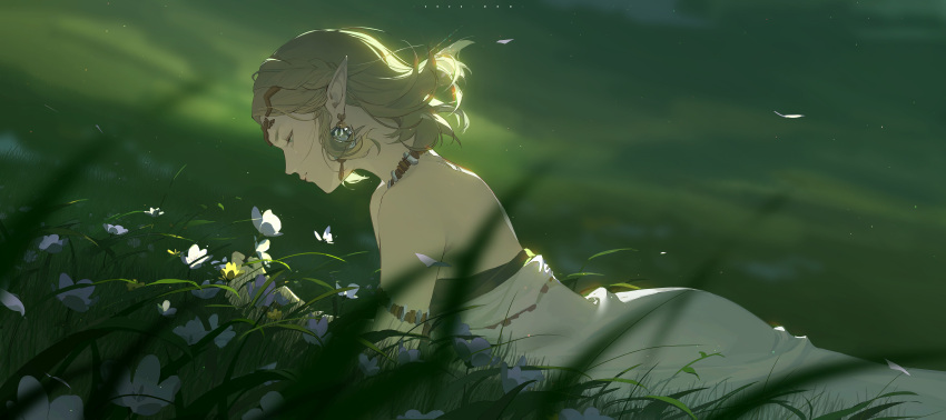 1girl absurdres armlet blonde_hair braid circlet crown_braid dress earrings flower half-closed_eyes highres jewelry lying medium_hair necklace on_ground pointy_ears princess_zelda solo strapless strapless_dress the_legend_of_zelda the_legend_of_zelda:_tears_of_the_kingdom white_dress white_flower zm-panda-