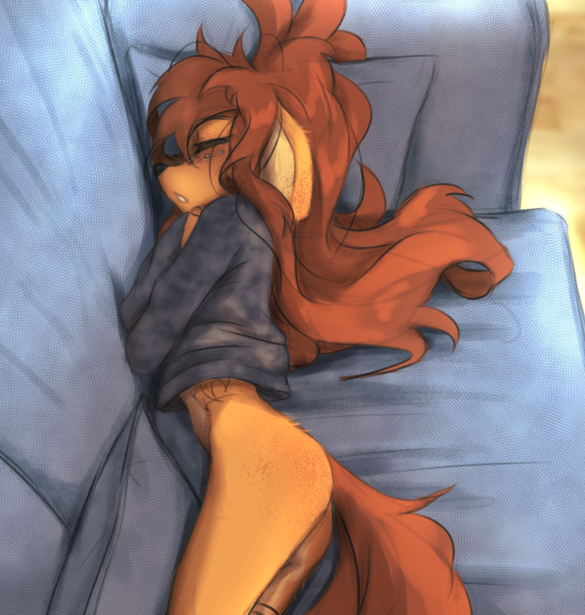 anthro apogee_(tinygaypirate) bottomless brown_hair butt canid canine canis clothed clothing domestic_dog eyes_closed female furniture hair hi_res long_hair lying lying_on_sofa mammal on_side on_sofa open_mouth pantiless partially_clothed shirt sleeping sofa solo tail tattoo tinygaypirate topwear