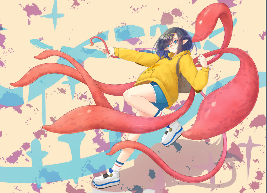 1girl backpack bag black_hair blue_eyes dolphin_shorts full_body hair_ornament hairclip highres hood hoodie kearful original paint_splatter pink_background pointing pointing_forward pointy_ears rimless_eyewear shoes short_hair shorts sneakers socks solo standing standing_on_one_leg tentacles yellow_hoodie