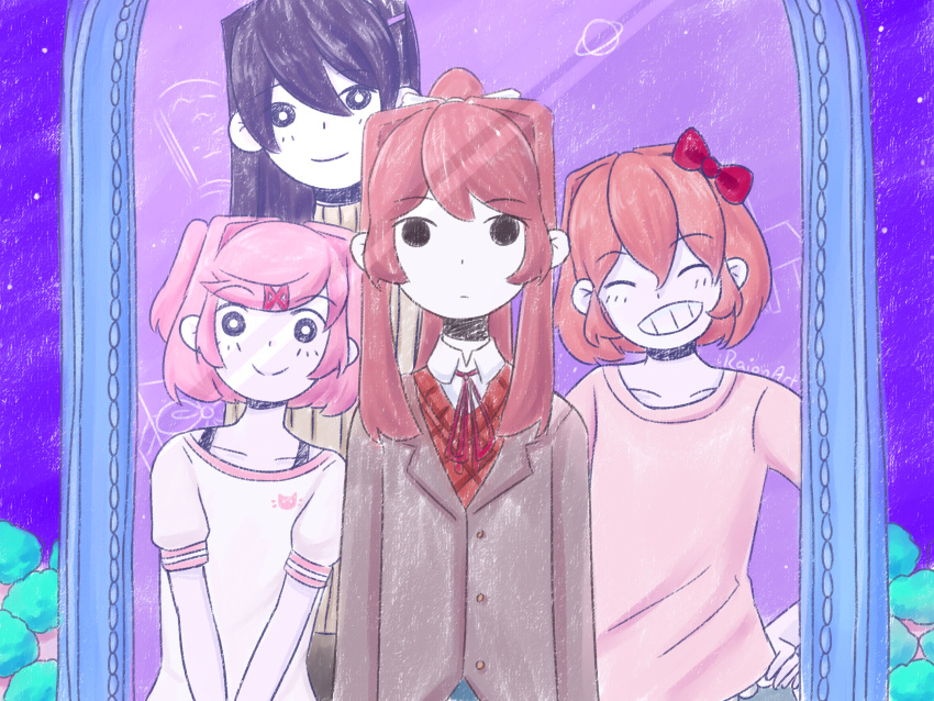 4girls alternate_costume arms_at_sides artist_name black_eyes blazer bow bright_pupils brown_hair cardigan casual closed_eyes closed_mouth collarbone collared_shirt commentary crossover doki_doki_literature_club dot_mouth dot_nose english_commentary expressionless grey_cardigan grin hair_between_eyes hair_bow hair_ornament hair_ribbon hairclip hand_on_own_hip highres jacket light_smile long_hair long_sleeves looking_at_viewer mirror monika_(doki_doki_literature_club) multiple_girls natsuki_(doki_doki_literature_club) neck_ribbon omocat_(style) omori outdoors parody pink_hair pink_shirt ponytail purple_hair purple_sky raion_(raionart) red_bow red_ribbon reflection ribbon saturn_(planet) sayori_(doki_doki_literature_club) school_uniform shirt short_hair short_sleeves sky smile split_mouth style_parody t-shirt teeth two_side_up upper_body v_arms white_bow white_pupils white_shirt yuri_(doki_doki_literature_club)