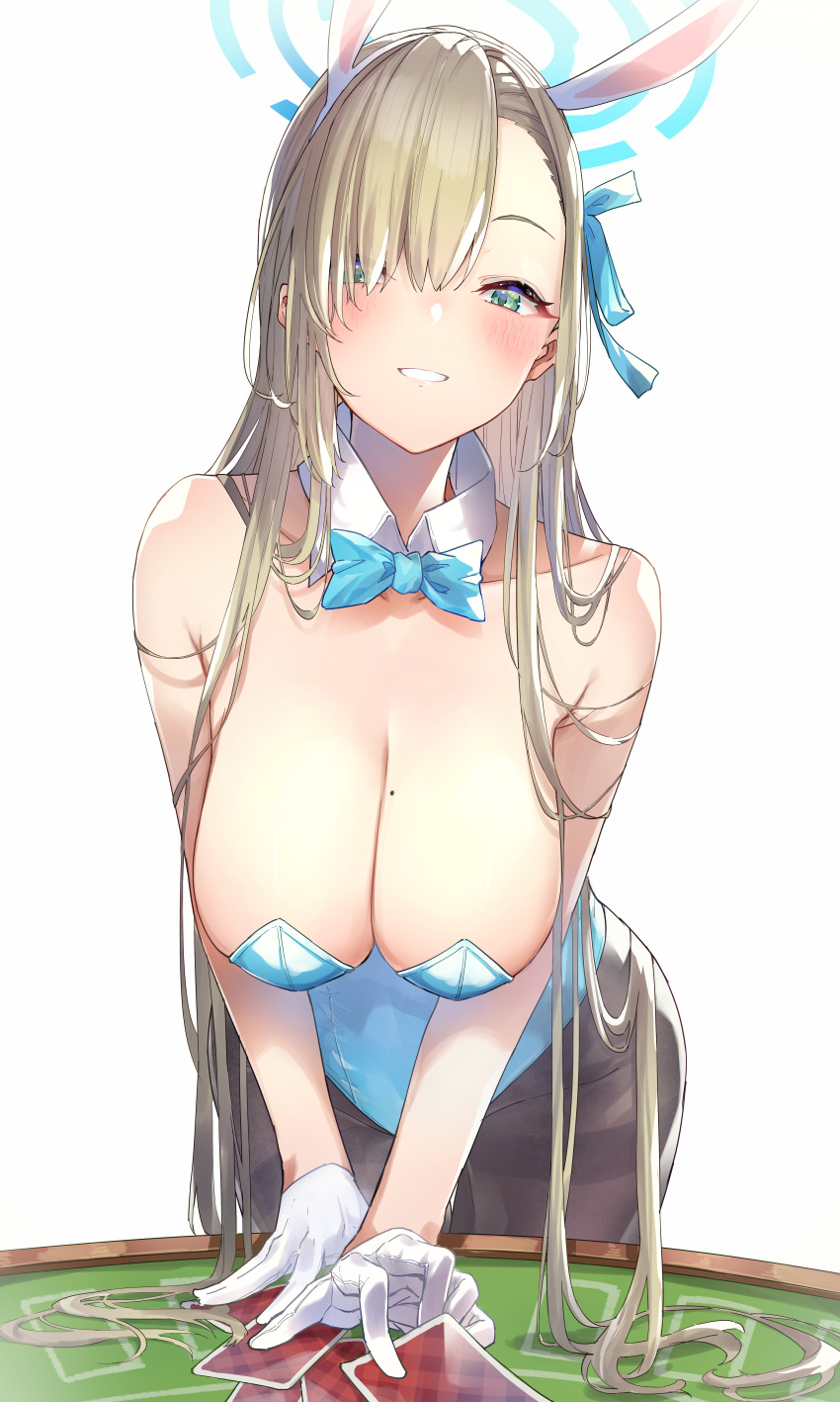 1girl absurdres animal_ears asuna_(blue_archive) asuna_(bunny)_(blue_archive) bare_shoulders blue_archive blue_bow blue_bowtie blue_eyes blue_leotard blue_ribbon blush bow bowtie breasts brown_pantyhose card cleavage detached_collar fake_animal_ears gloves grin hair_over_one_eye hair_ribbon halo hatsuga_(dmaigmai) highleg highleg_leotard highres large_breasts leotard light_brown_hair long_hair looking_at_viewer mole mole_on_breast official_alternate_costume pantyhose playboy_bunny playing_card rabbit_ears revision ribbon smile solo strapless strapless_leotard thighband_pantyhose thighs very_long_hair white_background white_gloves