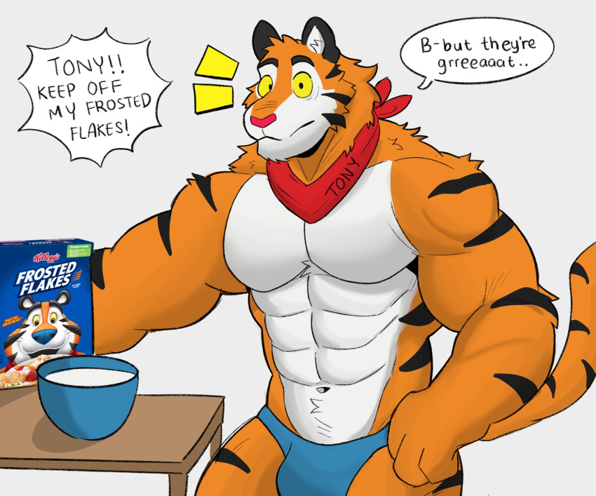 2023 abs anthro barazoku biceps biped black_body black_fur black_stripes bowl bulge catchphrase cereal cereal_box clothed clothing container dialogue digital_media_(artwork) english_text eyebrows felid food frosted_flakes fur furniture grey_background hi_res kellogg's kerchief looking_at_viewer male mammal mascot milk muscular muscular_anthro muscular_male navel orange_body orange_fur pantherine pecs pink_nose ruffusbleu simple_background solo speech_bubble standing striped_body striped_fur stripes table tail talking_to_viewer text tiger tony_the_tiger underwear underwear_only white_body white_fur yellow_sclera