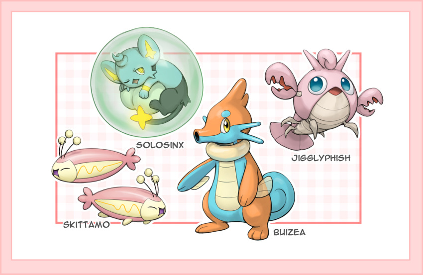 border buizel character_name commentary corphish fusion glowing horsea jigglypuff kazuko_(towa) no_humans one_eye_closed open_mouth pink_border pokemon pokemon_(creature) shinx skitty solosis tynamo yellow_eyes