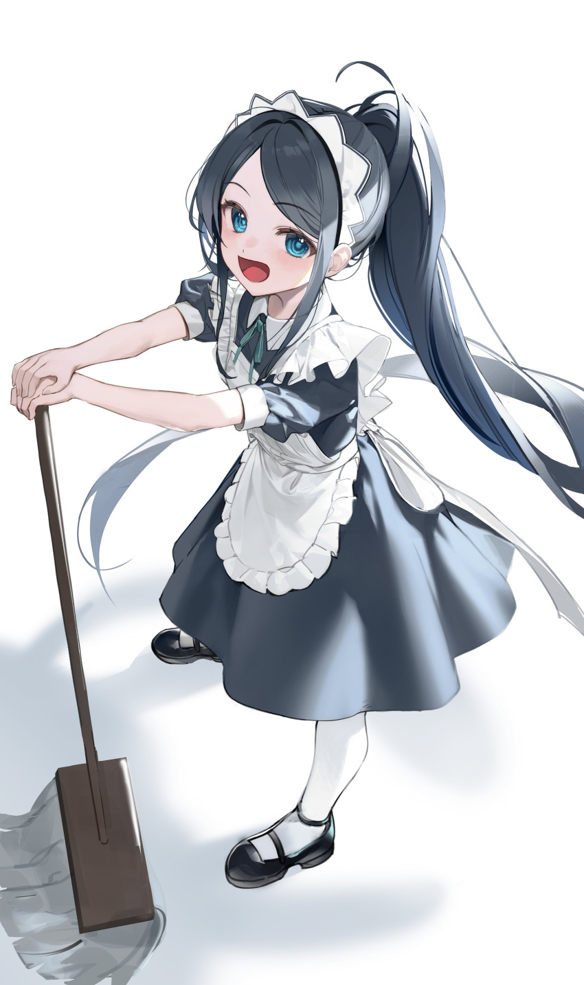 1girl absurdly_long_hair absurdres apron aris_(blue_archive) aris_(maid)_(blue_archive) black_dress black_footwear black_hair blue_archive blue_eyes blush commentary dress full_body highres lo-ta long_hair looking_at_viewer maid maid_apron maid_headdress mop official_alternate_costume pantyhose ringed_eyes shoes short_sleeves simple_background smile solo standing symbol-only_commentary very_long_hair white_apron white_background white_pantyhose
