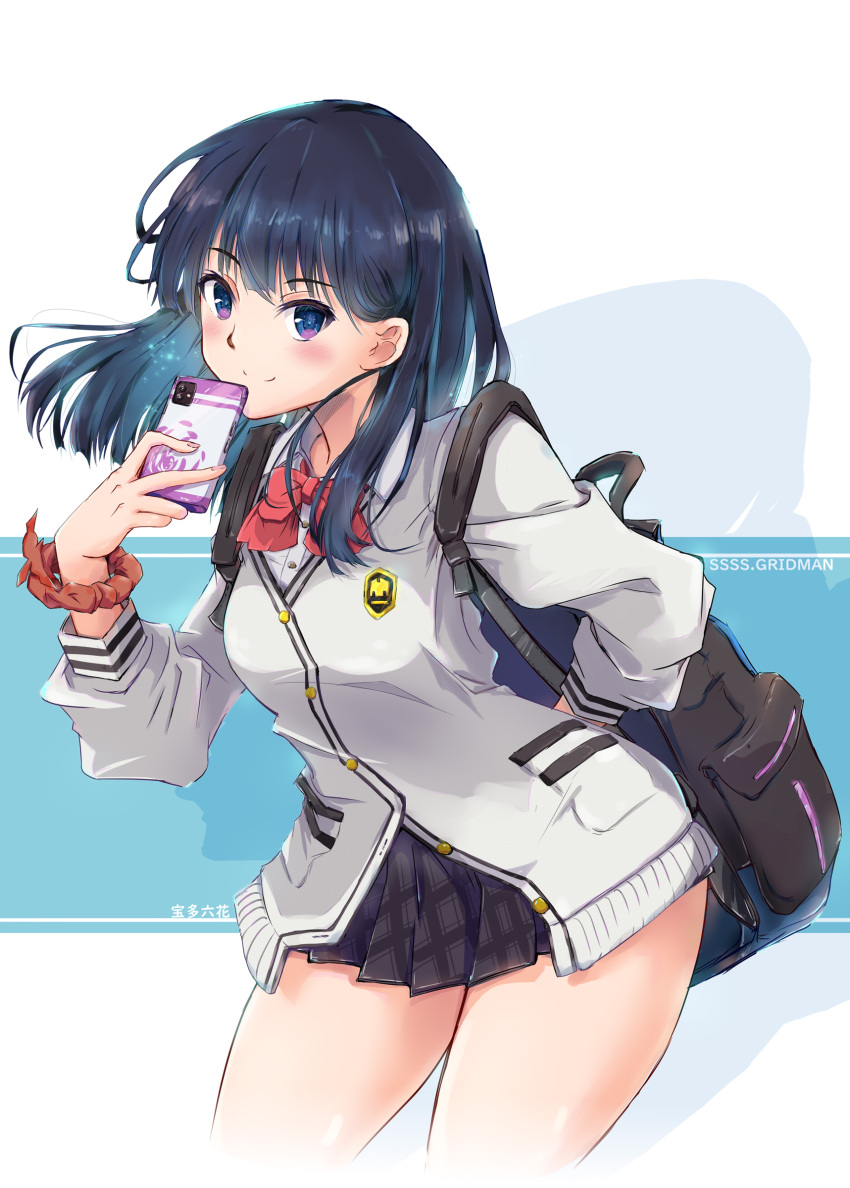 1girl absurdres backpack bag black_hair black_skirt blue_eyes blue_shirt blush bow bowtie cardigan cellphone closed_mouth collared_shirt commentary_request copyright_name english_text grey_background gridman_universe gridman_universe_(film) hair_behind_ear highres holding holding_phone long_hair looking_at_viewer miniskirt nt50 orange_scrunchie phone pleated_skirt red_bow red_bowtie school_uniform scrunchie shirt simple_background sitting skirt smartphone smile solo ssss.gridman sweater sweater_vest takarada_rikka thighs v-neck white_cardigan white_sweater wrist_scrunchie