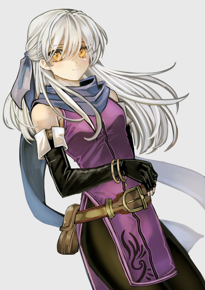 1girl absurdres bare_shoulders belt black_gloves black_leggings blue_scarf bracelet cowboy_shot dress elbow_gloves fingerless_gloves fire_emblem fire_emblem:_radiant_dawn gloves grey_background grey_hair hair_ribbon half_updo highres jewelry leggings long_hair micaiah_(fire_emblem) omlililimo purple_dress ribbon scarf side_slit simple_background sleeveless sleeveless_dress solo yellow_eyes