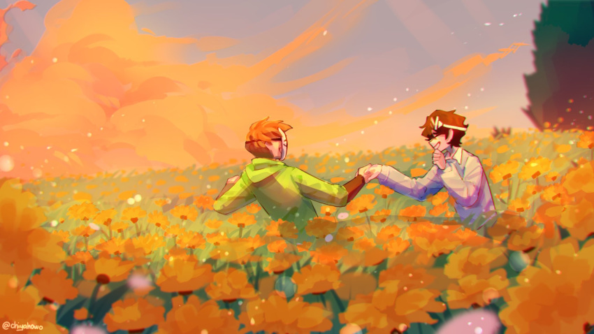 2boys blue_shirt brown_hair chiyahowo closed_eyes cloud collared_shirt dream_(youtuber) dream_smp field flower georgenotfound highres holding_hands hood hooded_jacket jacket laughing mask multiple_boys shirt yaoi
