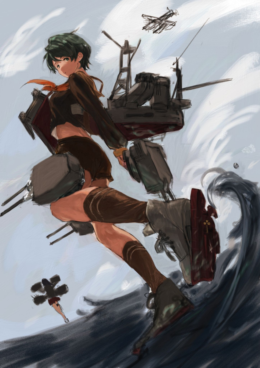 2girls black_hair blue_sky boots brown_eyes brown_sailor_collar brown_serafuku brown_shirt brown_shorts brown_socks cloud cross-laced_footwear from_below fusou_(kancolle) gbfwakannnaiman highres kantai_collection kneehighs lace-up_boots long_sleeves machinery mogami_(kancolle) mogami_kai_ni_(kancolle) multiple_girls neckerchief orange_neckerchief orange_sailor_collar sailor_collar school_uniform serafuku shirt short_hair shorts sky smokestack socks solo_focus swept_bangs walking walking_on_liquid water