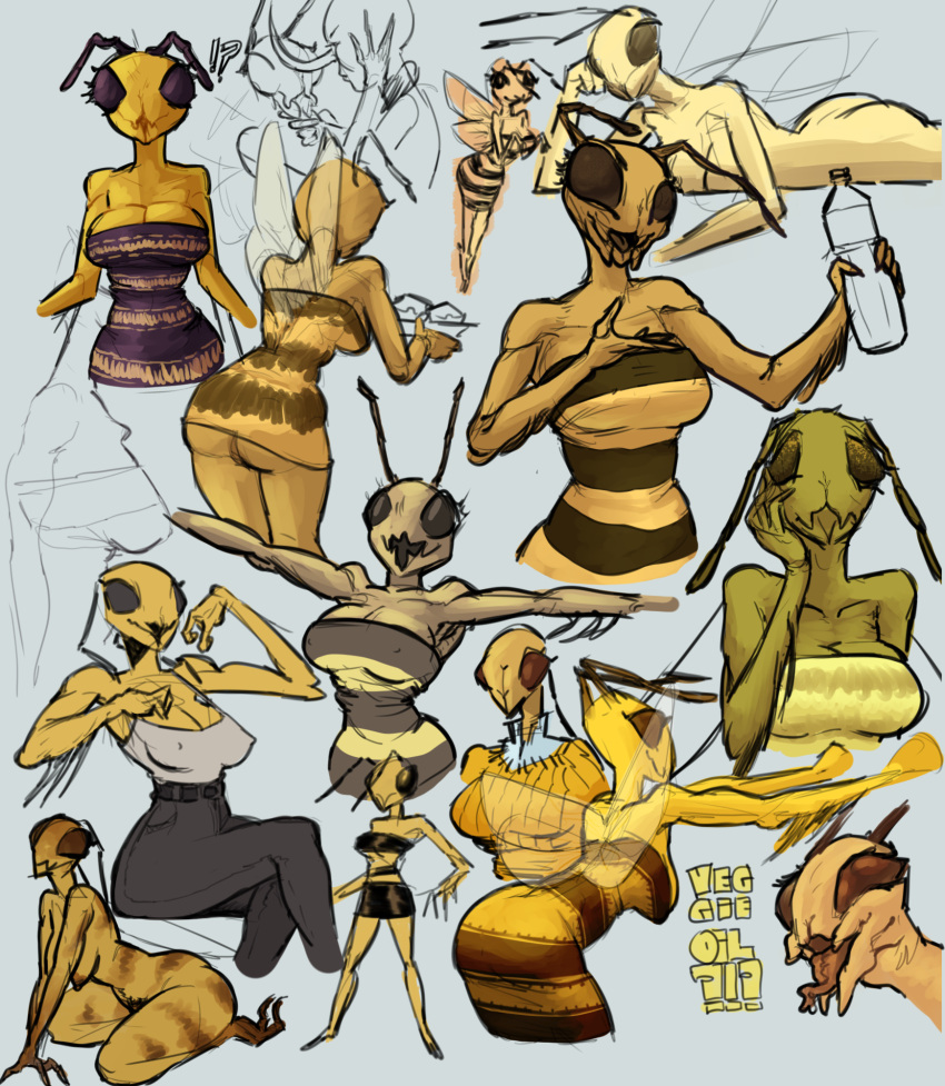 alternate_costume alternate_form antennae_(anatomy) anthro arthropod bee big_butt bottomwear breasts butt cleavage clothed clothing cooking_oil curvy_figure dress duo female hi_res hourglass_figure humanoid hymenopteran insect lena_the_bee mandibles mature_female md34 mother_(lore) oleina pants parent_(lore) pattern_clothing pattern_dress russian_cooking_oil_commercial shirt sketch solo striped_body striped_clothing striped_dress stripes sweater tank_top tight_clothing tight_dress topwear wings yellow_body yellow_clothing yellow_dress yellow_skin