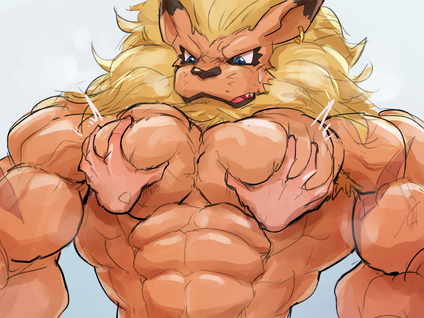 abs absurd_res anthro bandai_namco biceps blonde_hair blue_eyes digimon digimon_(species) disembodied_hand duo groping_chest hair hi_res leomon male mane muscular muscular_anthro muscular_male pecs shirtless vein veiny_muscles waddledox