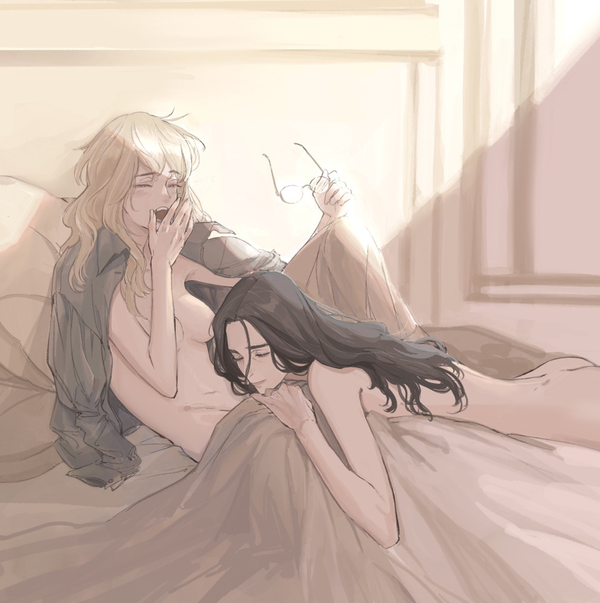 2girls absurdres ass bedroom black_hair blonde_hair breasts butt_crack closed_eyes completely_nude deerwhisky highres holding holding_eyewear lying medium_breasts multiple_girls nude on_bed on_stomach original reclining shirt_on_shoulders under_covers yawning yuri