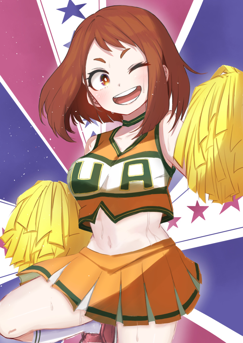 1girl ;d boku_no_hero_academia brown_footwear cheerleader choker crop_top green_choker helthbuth highres holding holding_pom_poms leg_lift medium_hair navel one_eye_closed open_mouth orange_shirt orange_skirt pom_pom_(cheerleading) shirt skirt smile solo sweat u.a._cheerleader_uniform uraraka_ochako