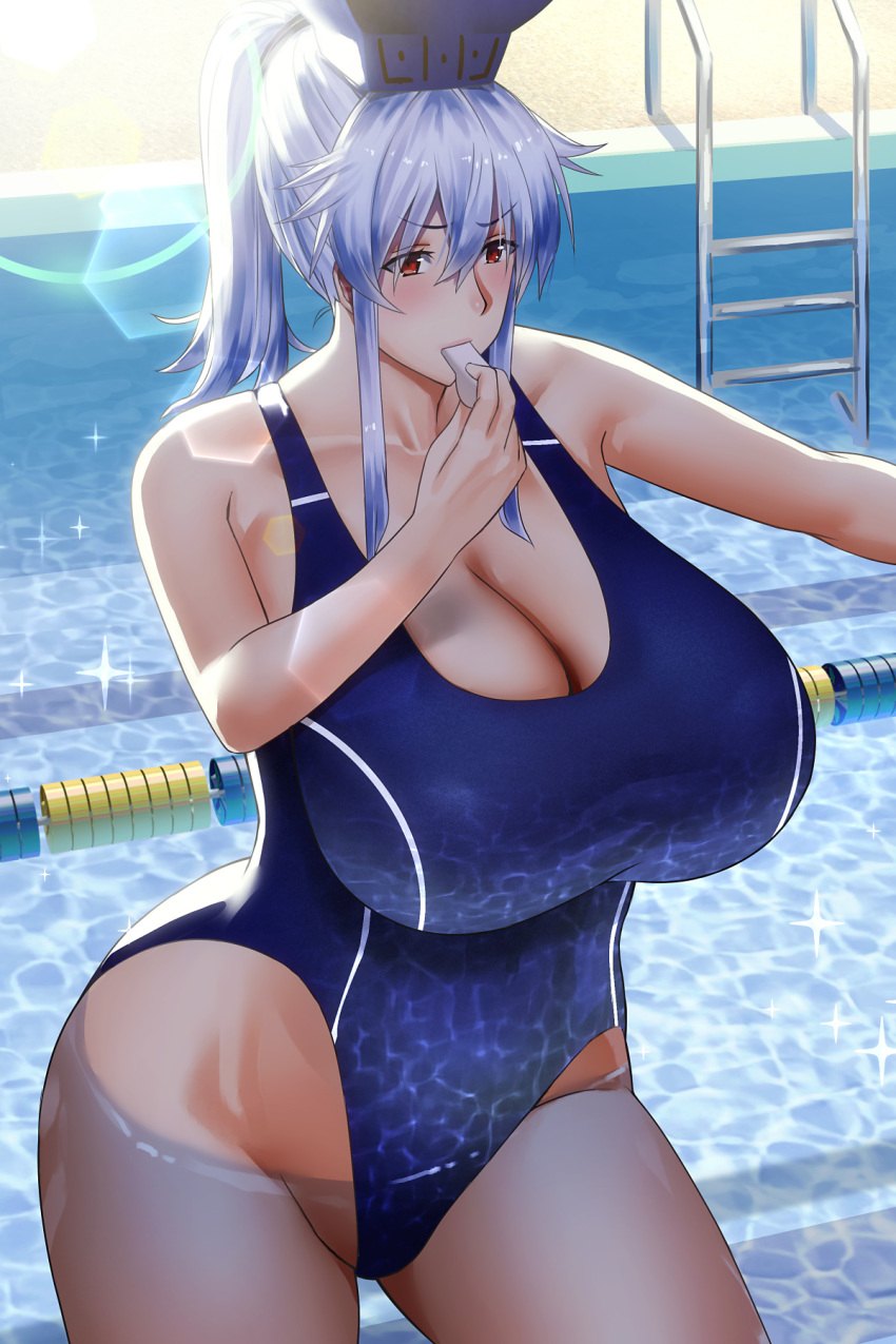 1girl alternate_hairstyle blue_hair blue_headwear blue_one-piece_swimsuit blush breasts collarbone commentary_request cowboy_shot highres huge_breasts inui_(shirakawa777) kamishirasawa_keine long_hair one-piece_swimsuit ponytail pool red_eyes solo swimsuit touhou whistle