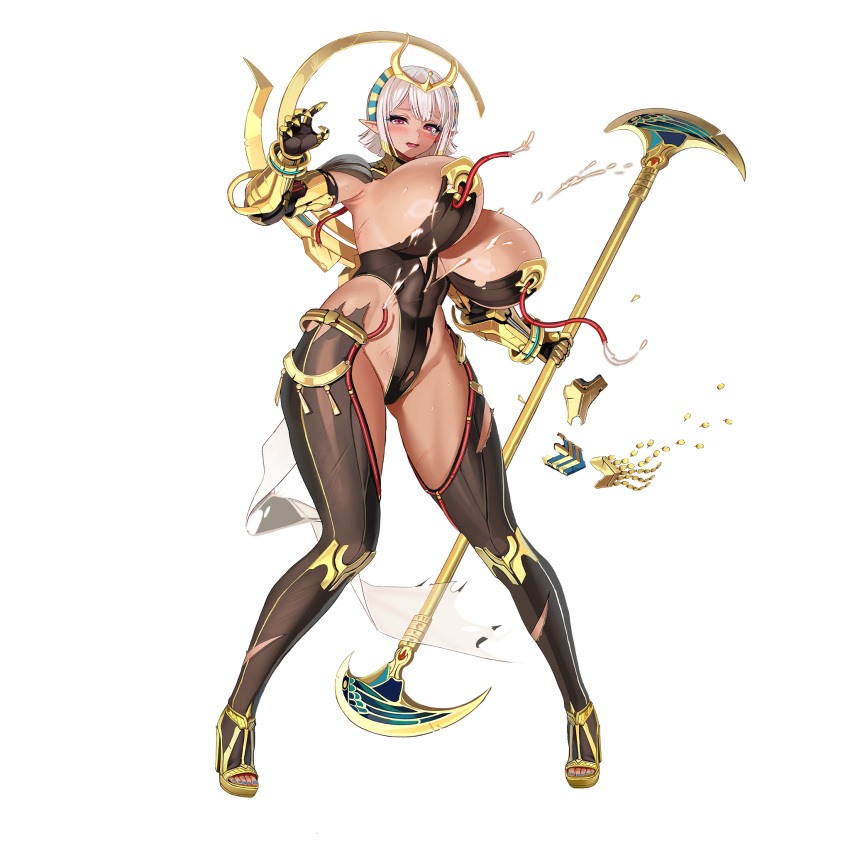 1girl ankh armor armpit_cutout armpits ass_visible_through_thighs battle_damage black_bodysuit black_leotard blue_eyeliner blue_nails blush bodysuit breastless_clothes breasts breasts_out broken_armor broken_horn cable clothing_cutout covered_abs covered_navel dark_skin defeat egyptian eye_of_horus eyeliner fake_horns full_body game_cg gauntlets gold_armor gold_footwear gold_trim hathor_(last_origin) high_heels highleg highleg_leotard highres holding holding_polearm holding_weapon horns huge_breasts injury knees_together_feet_apart last_origin leg_cutout leotard linea_alba looking_at_viewer makeup nail_polish official_art open_mouth pointy_ears polearm purple_eyes rerebrace see-through shiny_skin short_hair sidelocks simple_background skin_tight solo standing suggestive_fluid tachi-e taesi tally tearing_up tiara toeless_footwear tongue tongue_out torn_bodysuit torn_clothes torn_leotard transparent_background usekh_collar v vambraces weapon white_hair