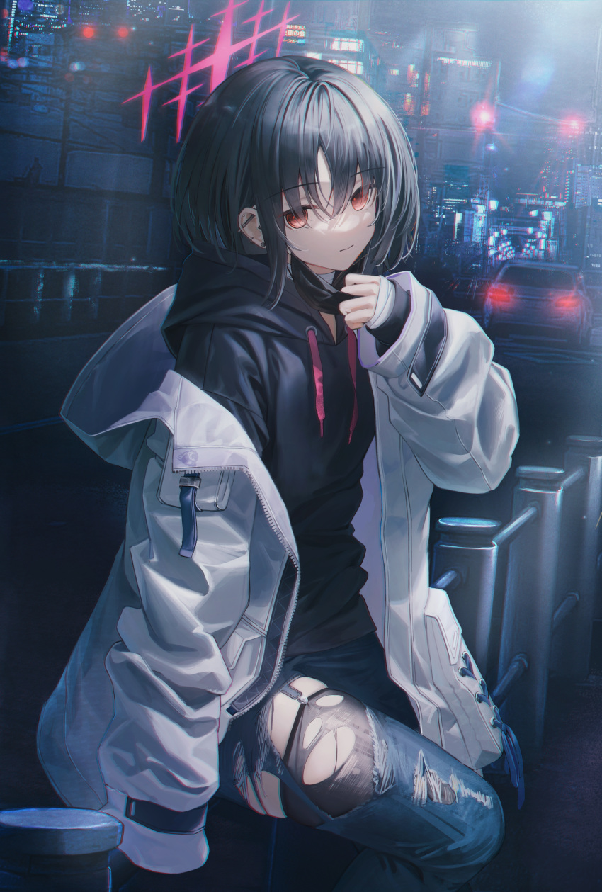 1girl bandaged_hand bandaged_neck bandages black_hair black_hoodie black_mask blue_archive car city commentary denim ear_piercing earrings flippy_(cripine111) garter_straps halo highres hood hooded_jacket hoodie jacket jewelry looking_at_viewer mask mask_pull misaki_(blue_archive) motor_vehicle mouth_mask night on_railing open_clothes open_jacket outdoors pants pantyhose piercing railing red_eyes red_halo short_hair sitting sleeves_past_wrists solo stud_earrings surgical_mask thighhighs torn_clothes torn_pants torn_thighhighs traffic_light white_jacket