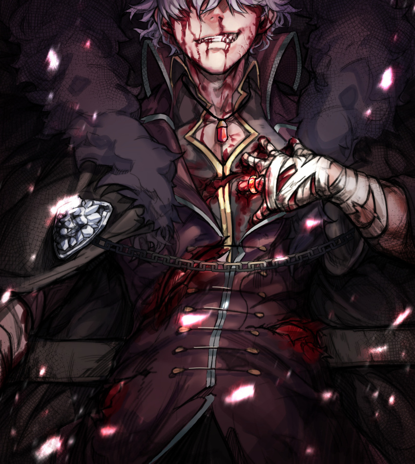 1boy bandaged_hand bandages blood blood_on_body blood_on_face cape clenched_teeth cloak covered_eyes cuts damn_reincarnation embers eugene_lionheart_(damn_reincarnation) fur-trimmed_cloak fur_trim gagrim grey_hair hand_on_own_chest highres injury jewelry necklace novel_illustration official_art ring short_hair smile teeth upper_body