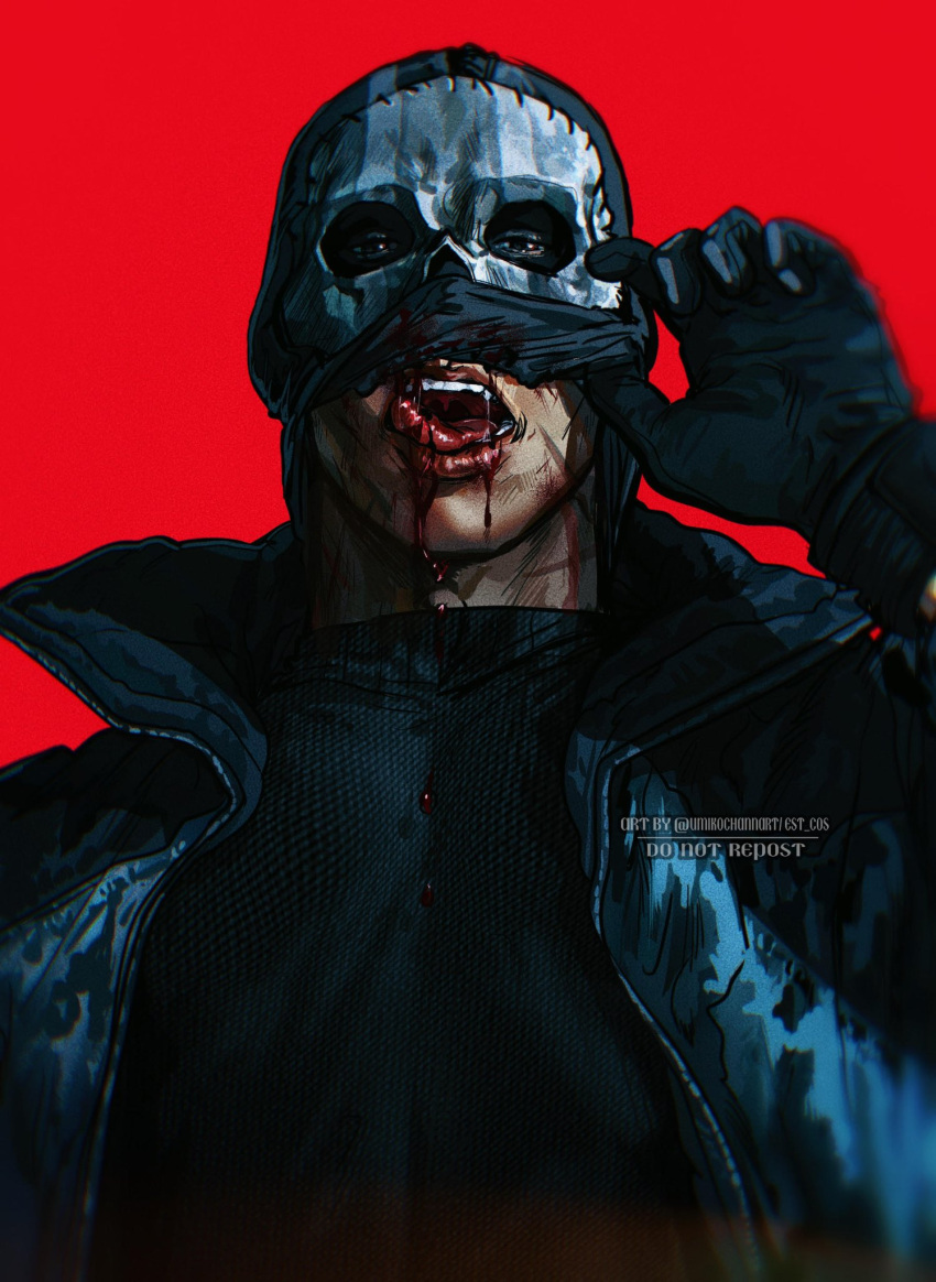 1boy black_gloves black_jacket black_shirt blood blood_from_mouth blood_on_clothes call_of_duty call_of_duty:_modern_warfare_2 ghost_(modern_warfare_2) gloves highres jacket male_focus mask open_clothes open_jacket open_mouth red_background shirt simple_background skull_mask solo tongue tongue_out twitter_username umikochannart upper_body