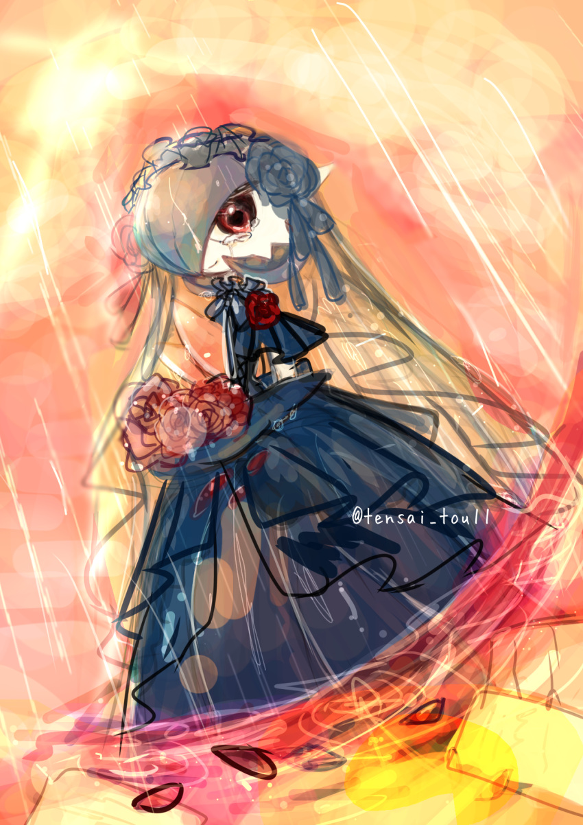 1girl alternate_color artist_name blue_dress blue_flower blue_gloves blue_hair blue_hairband blue_rose bob_cut bouquet bridal_veil bride closed_mouth clothed_pokemon cloud colored_skin commentary_request crying dress dutch_angle elbow_gloves flower frilled_hairband frilled_sleeves frills gardevoir gloves hair_flower hair_ornament hair_over_one_eye hairband hand_up happy highres holding holding_bouquet long_dress looking_at_viewer mega_gardevoir mega_pokemon one_eye_covered orange_background orange_sky outdoors petals pokemon pokemon_(creature) rain red_eyes red_flower red_rose rose see-through shiny_pokemon short_hair short_sleeves signature sketch sky smile solo standing sunset tears tensaitou_tou twitter_username veil wedding_dress white_skin