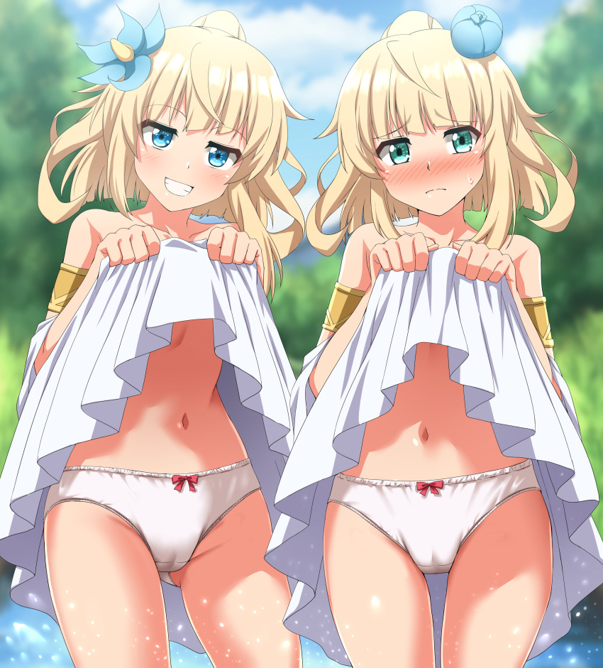 2girls absurdres armlet ass_visible_through_thighs bare_shoulders blonde_hair blue_eyes blue_sky blurry blurry_background blush bow bow_panties clothes_lift cloud cloudy_sky commentary_request commission cowboy_shot crotch_seam day dress dress_lift flower frown green_eyes grey_panties grin hair_flower hair_ornament half-closed_eyes highres lifted_by_self light_particles looking_at_viewer luna_(beast_tamer) multiple_girls navel off-shoulder_dress off_shoulder outdoors panties partial_commentary pixiv_commission short_hair short_sleeves siblings side-by-side sisters sky smile sora_(beast_tamer) standing sweatdrop underwear white_dress yuusha_party_wo_tsuihou_sareta_beast_tamer_saikyoushu_no_nekomimi_shoujo_to_deau zanntetu