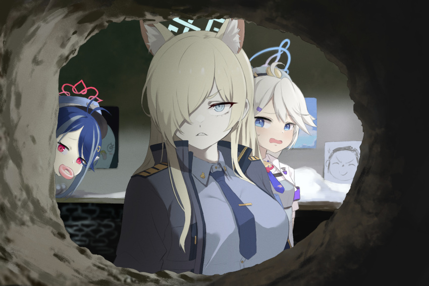 3girls animal_ear_fluff animal_ears antenna_hair arona's_sensei_doodle_(blue_archive) blonde_hair blue_archive blue_eyes blue_hair blue_necktie breasts doughnut food fubuki_(blue_archive) grey_hair hair_between_eyes hair_over_one_eye halo hat highres hole_in_wall jacket kanna_(blue_archive) kirino_(blue_archive) large_breasts long_hair looking_at_viewer mouth_hold multicolored_hair multiple_girls necktie open_mouth parody peroro_(blue_archive) red_eyes sensei_(blue_archive) shirt the_shawshank_redemption upper_body white_hair ziz_(pandora707)