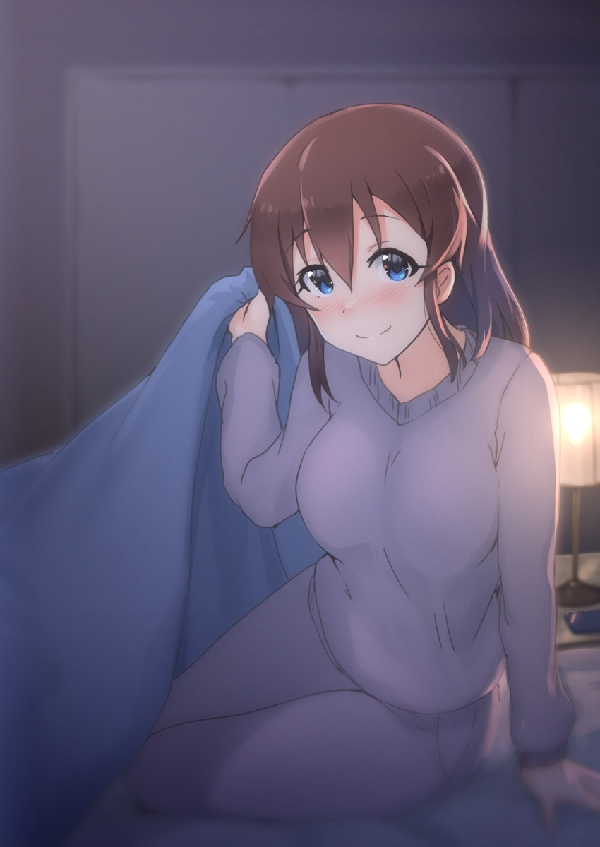 1girl absurdres bed blanket blue_eyes blush breasts brown_hair cellphone closet eyelashes grey_pajamas hair_down highres holding holding_blanket idolmaster idolmaster_million_live! idolmaster_million_live!_theater_days lamp large_breasts long_sleeves looking_at_viewer medium_hair nightstand pajamas phone satake_minako sitting smile solo tareme wattsu yokozuwari