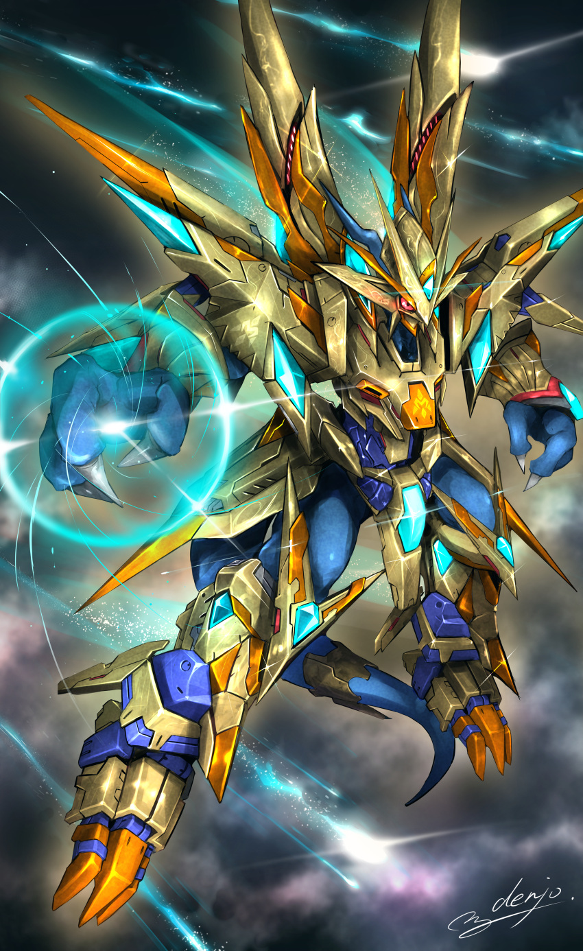 absurdres armor claws cloud commentary_request dark_clouds denjyou23 digimon digimon_(creature) energy_ball full_body gauntlets glint gold_armor helmet highres looking_ahead magnamon_x-antibody no_humans red_eyes shoulder_armor signature solo tail