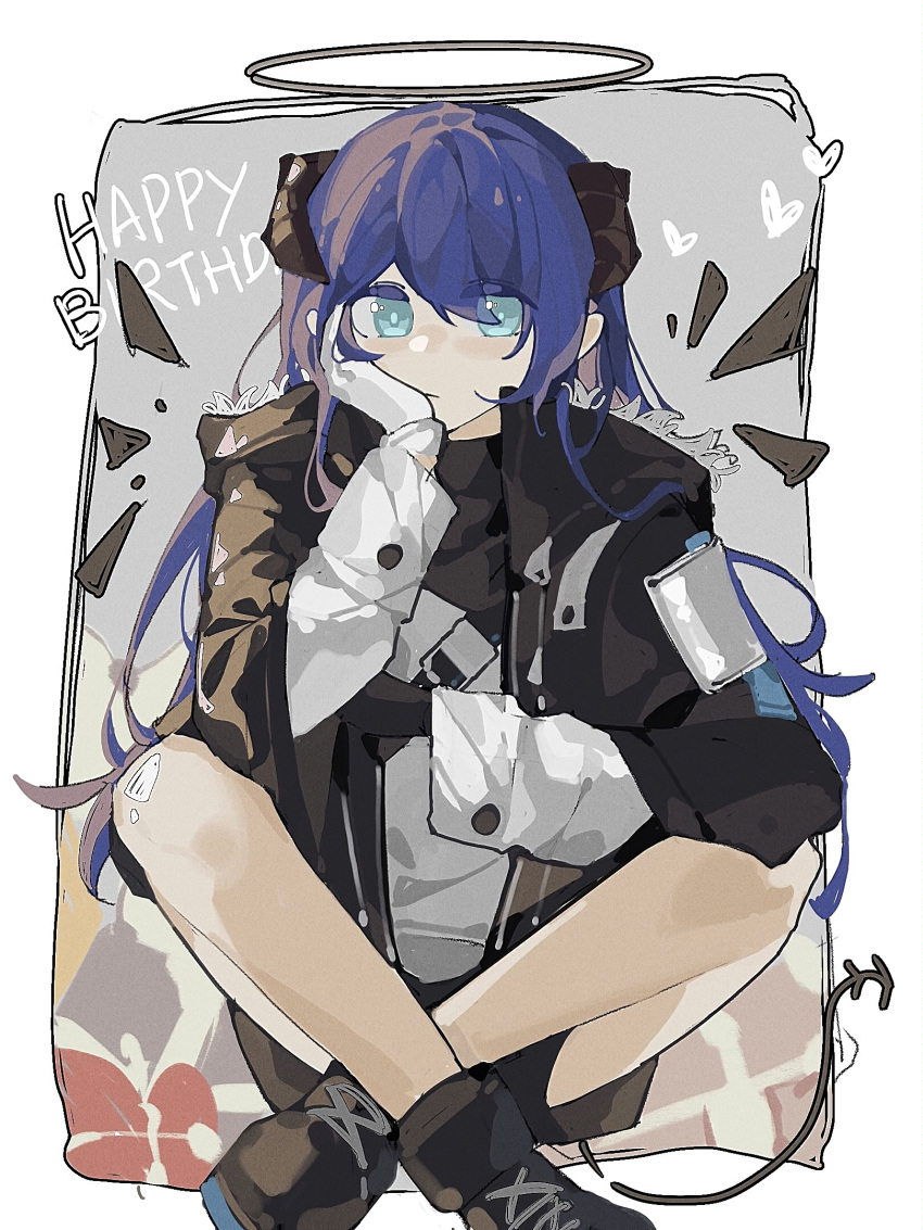 1girl arknights arm_support black_footwear black_jacket black_shorts blue_eyes blue_hair crossed_legs demon_horns demon_tail full_body fur-trimmed_jacket fur_trim gift grey_background halo haobuguniao happy_birthday heart highres horns inset_border jacket long_hair long_sleeves looking_at_viewer mostima_(arknights) shirt shoes shorts sidelocks simple_background sneakers solo tail white_background white_shirt wings