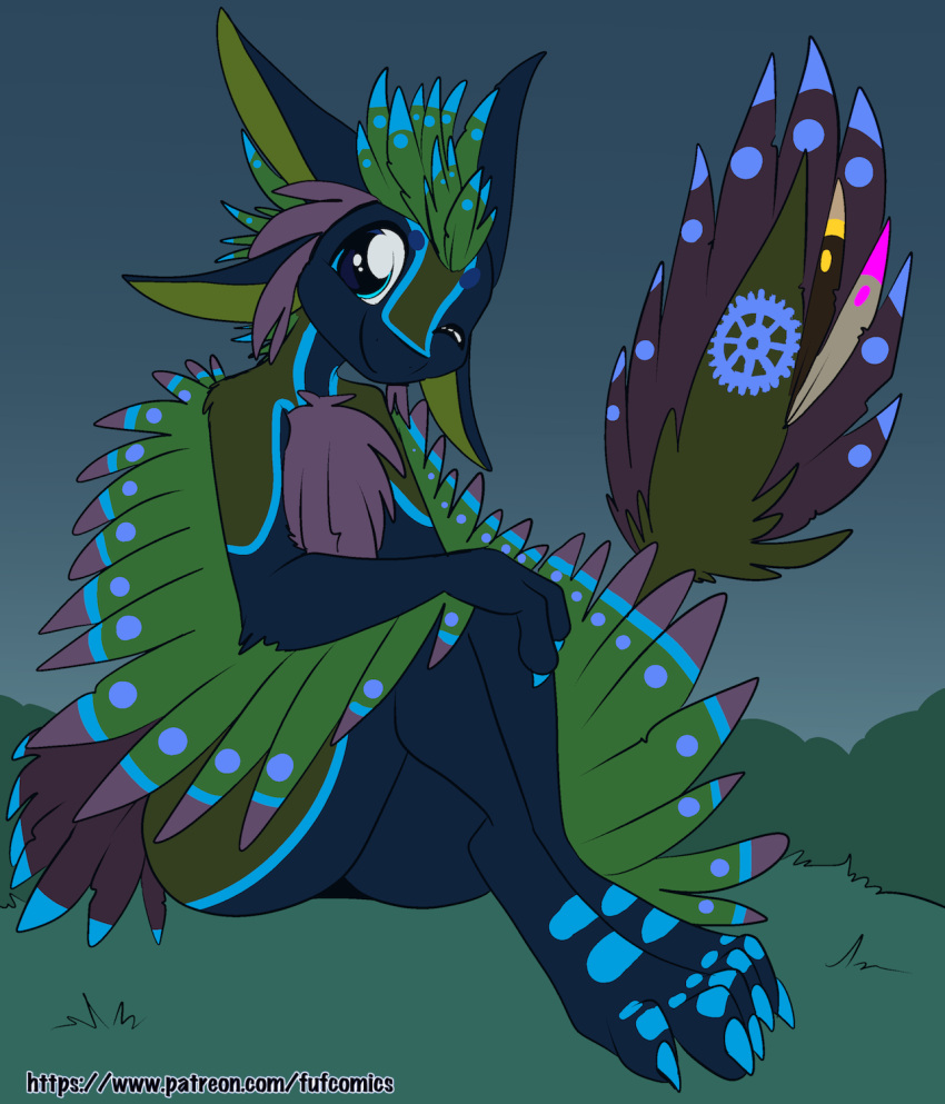 2021 4_ears ambiguous_gender anthro avali big_tail biped black_body brown_body butt chest_tuft claws closed_smile feathered_wings feathers fuf grass head_tuft hi_res looking_at_viewer mouth_closed multi_ear multicolored_body nude plant sitting sitting_on_ground smile solo tail tail_feathers tail_tuft toe_claws tuft two_tone_body winged_arms wings