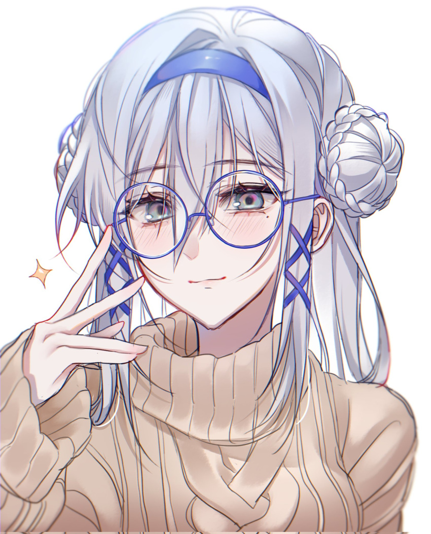 1girl alternate_costume bespectacled blue-framed_eyewear blue_eyes blue_headband double_bun glasses grey_hair gumi_070 hair_bun hair_ornament headband highres mole mole_under_eye nijisanji nijisanji_en round_eyewear simple_background smile solo sweater victoria_brightshield virtual_youtuber white_background x_hair_ornament yellow_sweater