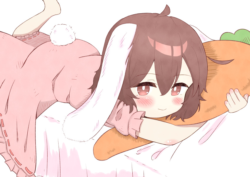 1girl absurdres ahoge animal_ears barefoot blush bright_pupils brown_eyes brown_hair carrot_pillow closed_mouth commentary double-parted_bangs dress feet_out_of_frame feet_up floppy_ears hair_between_eyes highres hugging_object inaba_tewi light_smile lying on_bed on_stomach pillow pillow_hug pink_dress puffy_short_sleeves puffy_sleeves rabbit_ears rabbit_tail short_hair short_sleeves simple_background solo tail tail_through_clothes tewiyu touhou white_background white_pupils