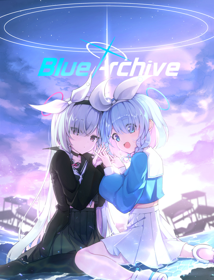 2girls :d absurdres arona_(blue_archive) black_choker black_coat black_eyes black_hairband black_pantyhose black_serafuku black_skirt blue_archive blue_eyes blue_hair blue_serafuku braid choker coat collarbone colored_inner_hair desk hair_ribbon hairband halo highres holding_hands juliahsl kneeling light_blue_hair long_hair looking_at_viewer medium_hair multicolored_hair multiple_girls neckerchief pantyhose pink_hair plana_(blue_archive) pleated_skirt red_pupils ribbon school_desk school_uniform serafuku single_braid skirt sky smile star_(sky) starry_sky very_long_hair white_hair white_neckerchief white_ribbon white_skirt