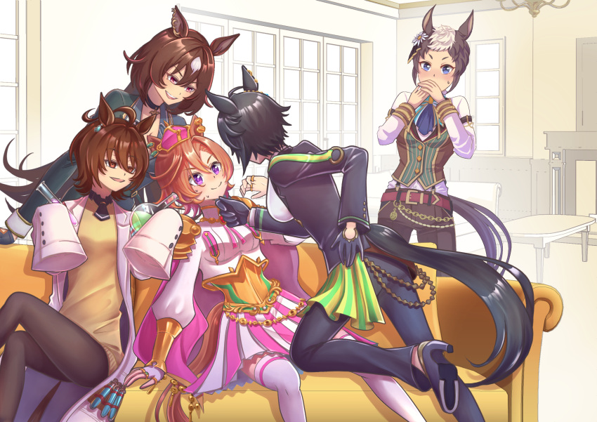 5girls agnes_tachyon_(umamusume) animal_ears aokocha ascot belt black_hair blue_eyes blush bracer brown_eyes brown_hair closed_mouth coat colored_inner_hair couch covering_mouth crown empty_eyes face-to-face fingerless_gloves flask flower flying_sweatdrops fuji_kiseki_(umamusume) gloves grey_hair hair_between_eyes hair_flower hair_ornament half-closed_eyes hand_on_another's_chin hand_on_own_hip hand_up hands_over_own_mouth hands_up high_heels highres horse_ears horse_girl horse_tail indoors jacket jewelry lab_coat leaning_back leaning_forward long_bangs long_hair long_sleeves looking_at_another medium_hair mejiro_ryan_(umamusume) multicolored_hair multiple_girls on_couch on_one_knee open_clothes open_coat open_mouth pants puffy_long_sleeves puffy_sleeves purple_eyes red_eyes ring round-bottom_flask seductive_smile shirt shoes short_hair sirius_symboli_(umamusume) sitting sleeves_past_fingers sleeves_past_wrists smile standing sweater t.m._opera_o_(umamusume) tail test_tube textless_version thighhighs two-tone_hair umamusume very_long_hair vest white_coat white_hair yuri zettai_ryouiki