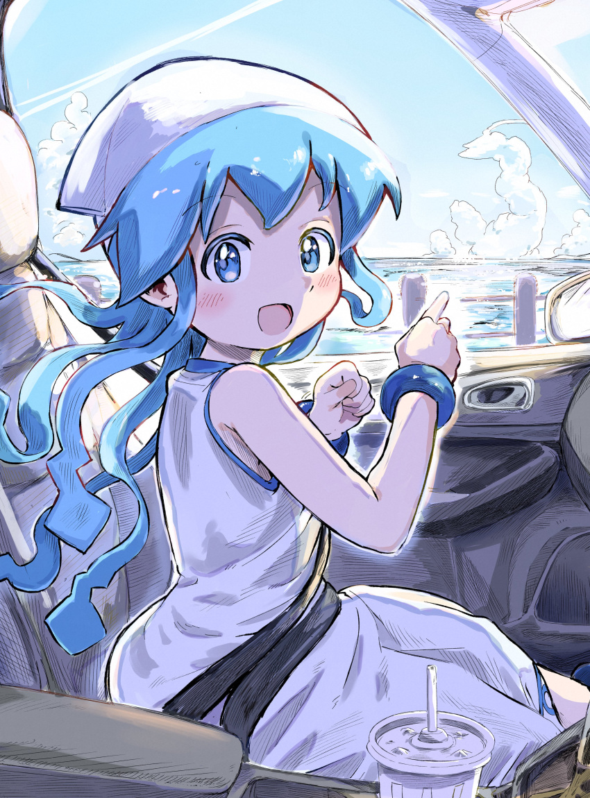 1girl absurdres blue_eyes blue_hair blue_sky bracelet car_interior cloud commentary_request commission cup disposable_cup dress head_scarf highres ikamusume jewelry long_dress long_hair ocean open_mouth pointing pov reo_(salmomomon) shinryaku!_ikamusume skeb_commission sky smile solo tentacle_hair wcdonald's white_dress