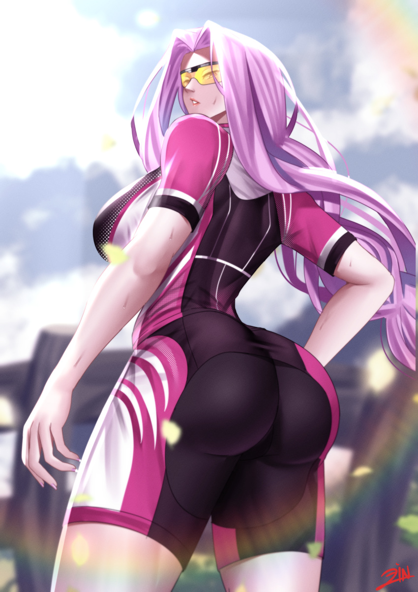 1girl absurdres alternate_costume ass bike_shorts black_shorts blush braid braided_ponytail breasts cycling_uniform fate/grand_order fate_(series) forehead highres large_breasts long_hair looking_at_viewer looking_back medusa_(fate) medusa_(rider)_(fate) parted_bangs parted_lips purple_eyes purple_hair short_sleeves shorts sidelocks sky solo sports_sunglasses very_long_hair zinfian