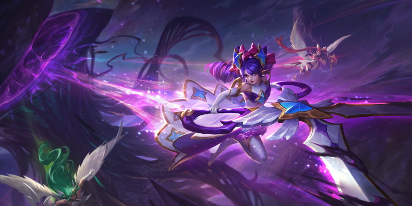 3girls artist_request bare_shoulders black_thighhighs blue_eyes blurry blurry_background bow dress drill_hair elbow_gloves flying gloves green_hair gwen_(league_of_legends) hair_bow hair_ornament highres holding holding_scissors horns jinx_(league_of_legends) kudos3d league_of_legends legends_of_runeterra long_hair monster multiple_girls night official_alternate_costume official_art outdoors red_bow red_hair scissors single_horn soraka_(league_of_legends) star_(symbol) star_guardian_(league_of_legends) star_guardian_gwen star_guardian_jinx star_guardian_soraka star_hair_ornament thighhighs twin_drills twintails white_dress white_gloves white_thighhighs wings