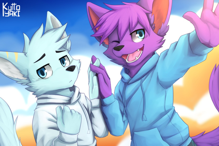 anthro artist_name black_eyebrows black_nose blue_body blue_clothing blue_eyes blue_fur blue_hoodie blue_topwear canid cheek_tuft clothed clothing duo eyebrows facial_tuft fangs fur hair head_tuft hoodie kuttoyaki male mammal messy_hair mouth_closed narrowed_eyes one_eye_closed open_mouth open_smile purple_body purple_fur purple_hair purple_tail short_hair smile tail teeth topwear tuft