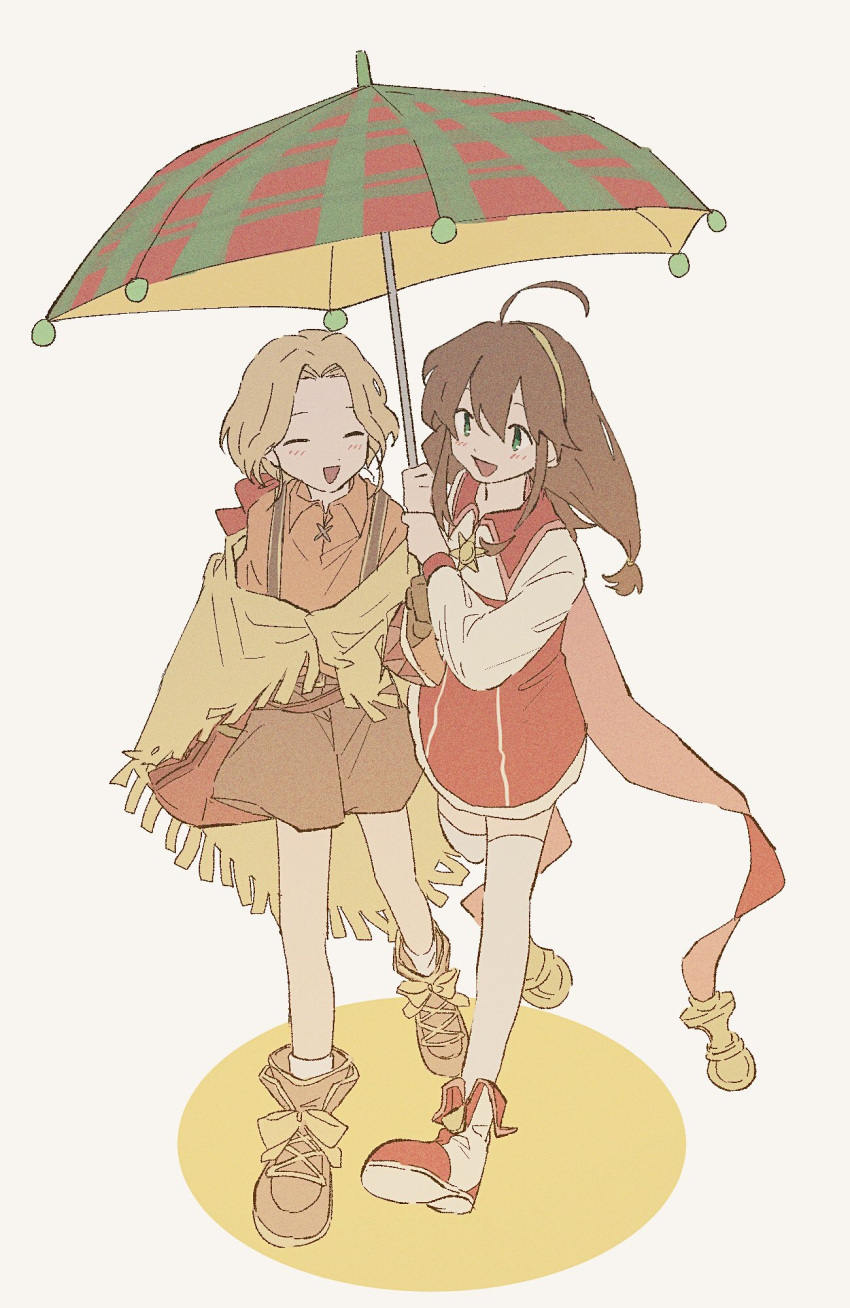 1boy 1girl brown_hair brown_shorts cape fringe_trim full_body green_eyes highres lilka_eleniak long_hair low-tied_long_hair macha_(macha3635toa) open_mouth orange_shirt poncho shirt shoes short_hair shorts smile thighhighs tim_rhymeless twintails umbrella white_background wild_arms wild_arms_2