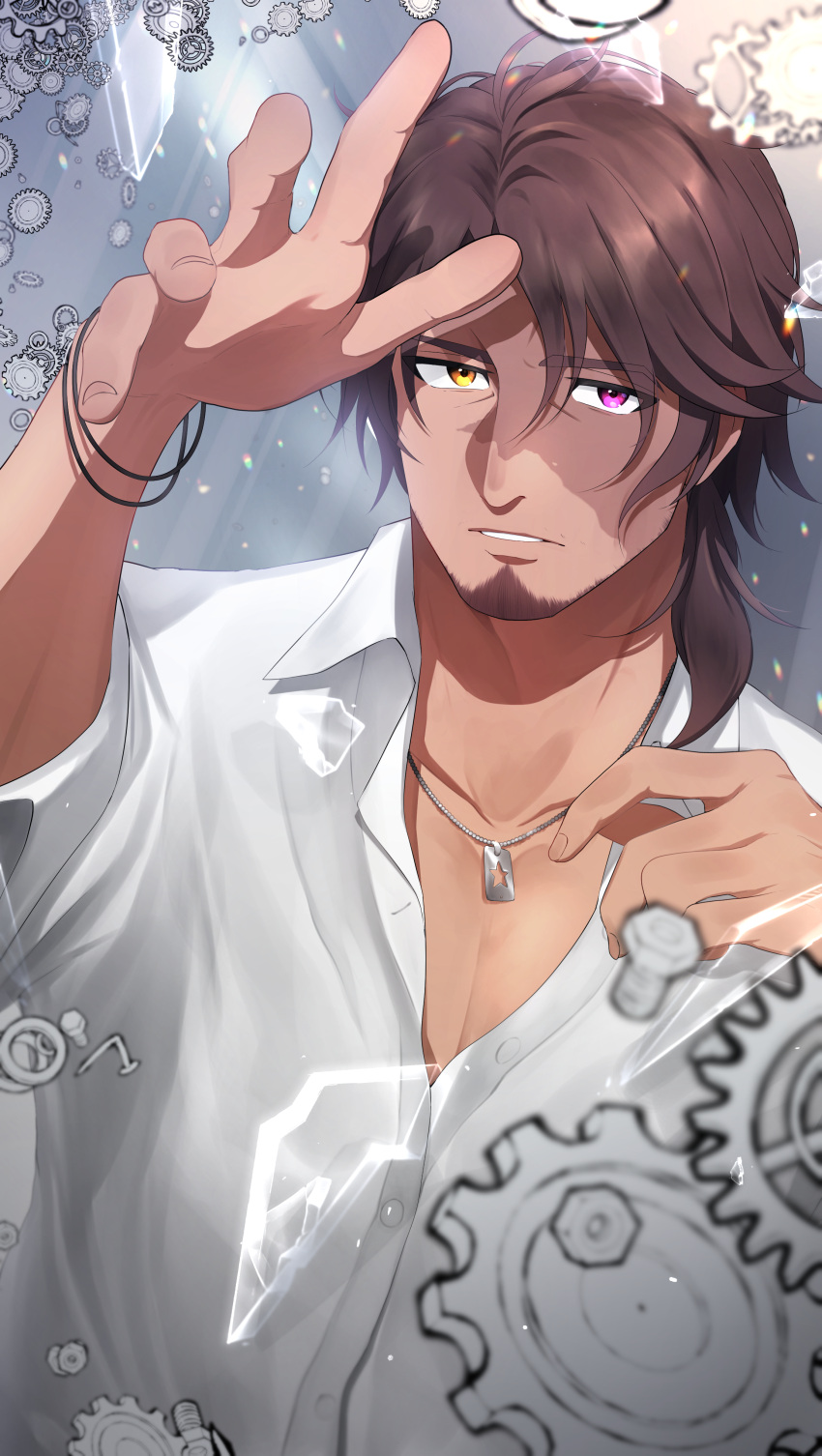 1boy absurdres arm_up beard belmond_banderas bolt brown_hair choco_(chocovix112) collarbone collared_shirt dress_shirt facial_hair gears hair_between_eyes hand_up heterochromia highres looking_at_viewer low_ponytail male_focus nijisanji orange_eyes parted_bangs parted_lips ponytail purple_eyes shirt solo thick_eyebrows virtual_youtuber white_shirt