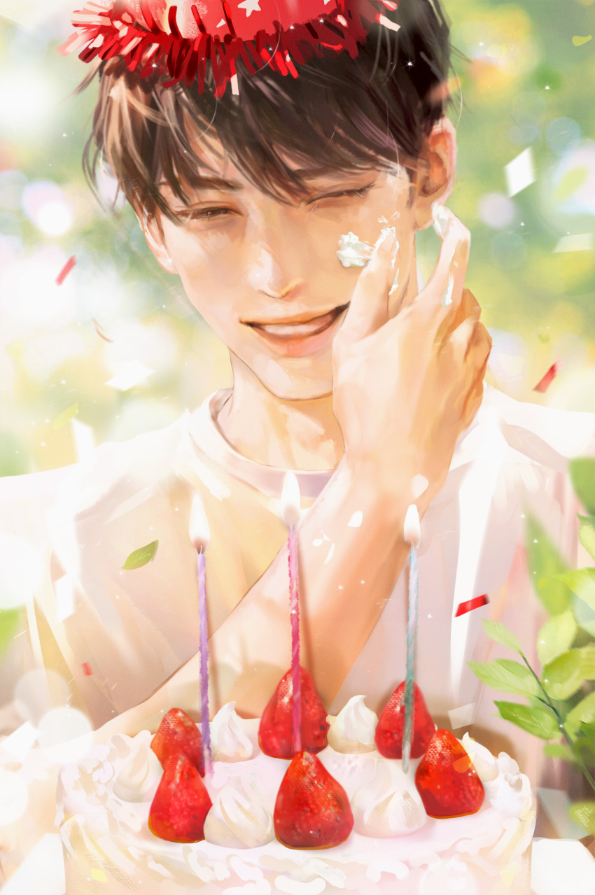 1boy birthday birthday_cake blurry bokeh brown_hair cake candle depth_of_field food hands_on_own_face highres icing jeong_taeui male.focus passion_(manhwa) ryeomiii smile solo strawberry_cake