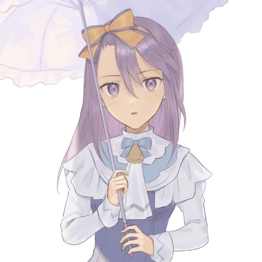 1girl bell blue_bow bow bow_hairband collar commentary_request hair_between_eyes hairband highres holding holding_umbrella juliet_sleeves long_hair long_sleeves looking_at_viewer orange_bow orange_hairband parasol parted_lips puffy_sleeves purple_eyes purple_hair rune_factory rune_factory_3 shirt simple_background sofia_jalapeno_viviage solo tanabe_rf umbrella upper_body white_background white_collar white_shirt white_umbrella