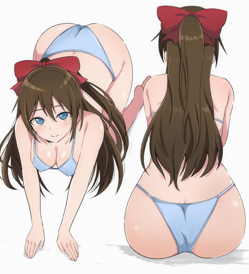 1girl all_fours ass back blue_bra blue_eyes blue_panties bow bra breasts brown_hair commentary_request hair_bow highres long_hair love_live! love_live!_nijigasaki_high_school_idol_club multiple_views ousaka_shizuku panties ponytail red_bow sitting smile underwear wewe