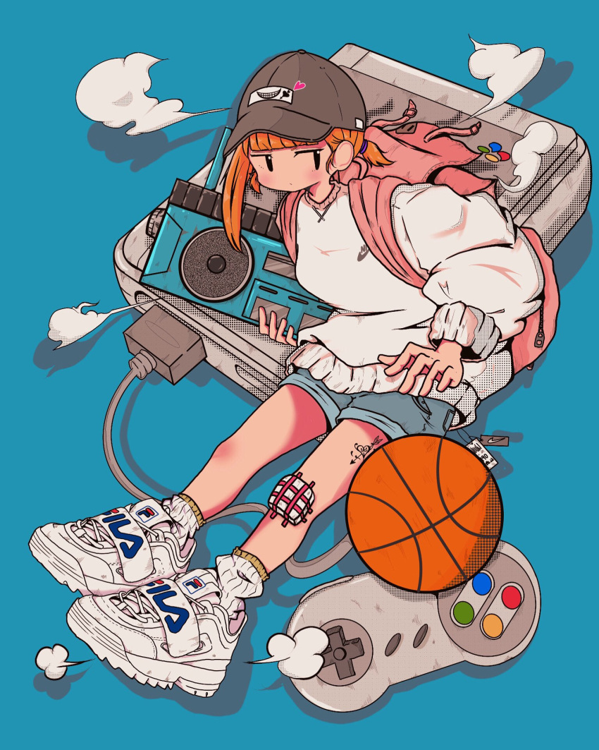 1girl backpack bag ball bandaid bandaid_on_knee bandaid_on_leg baseball_cap basketball_(object) black_eyes blue_background blue_shorts blunt_bangs boombox fila full_body game_console grey_headwear halftone hat highres holding_boombox leg_tattoo long_sleeves looking_at_viewer nao97122 nike orange_hair original pink_bag revision ribbed_socks shoes shorts sitting sneakers socks solo streetwear super_famicom super_famicom_gamepad sweater tattoo white_footwear white_socks white_sweater