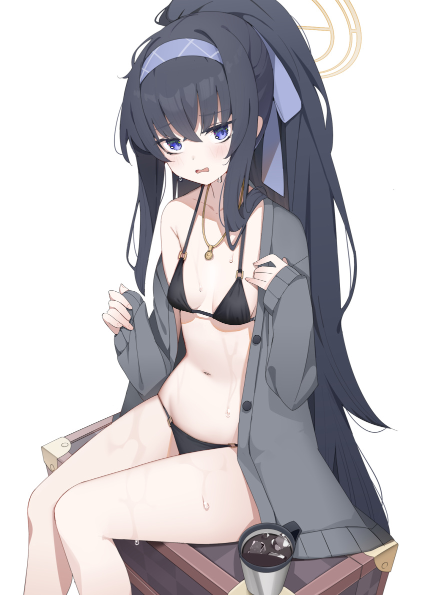 1girl bare_shoulders bikini black_bikini black_hair blue_archive blue_eyes breasts cup embarrassed grey_jacket hair_ribbon hairband halo halterneck highres hukahire0120 jacket jewelry long_hair long_sleeves looking_at_viewer mug navel necklace no_pants o-ring o-ring_bikini off_shoulder official_alternate_costume open_clothes open_jacket open_mouth ponytail ribbon sidelocks simple_background sitting small_breasts solo stomach string_bikini swimsuit thighs ui_(blue_archive) ui_(swimsuit)_(blue_archive) very_long_hair wet white_background