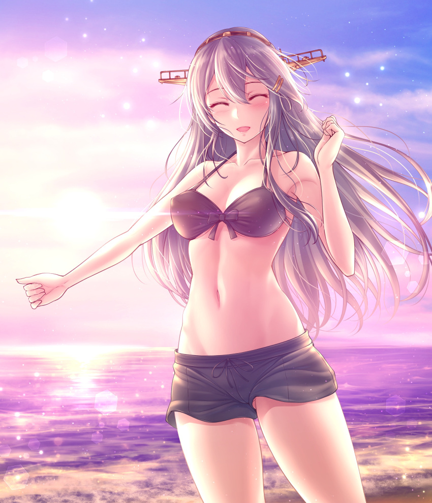 1girl absurdres beach bikini black_bikini black_shorts blush breasts cleavage closed_eyes cloud evening facing_viewer hair_between_eyes hair_ornament hairclip haruna_(kancolle) headgear highres kantai_collection long_hair medium_breasts ocean open_mouth outdoors ryu-akt short_shorts shorts sky solo swimsuit