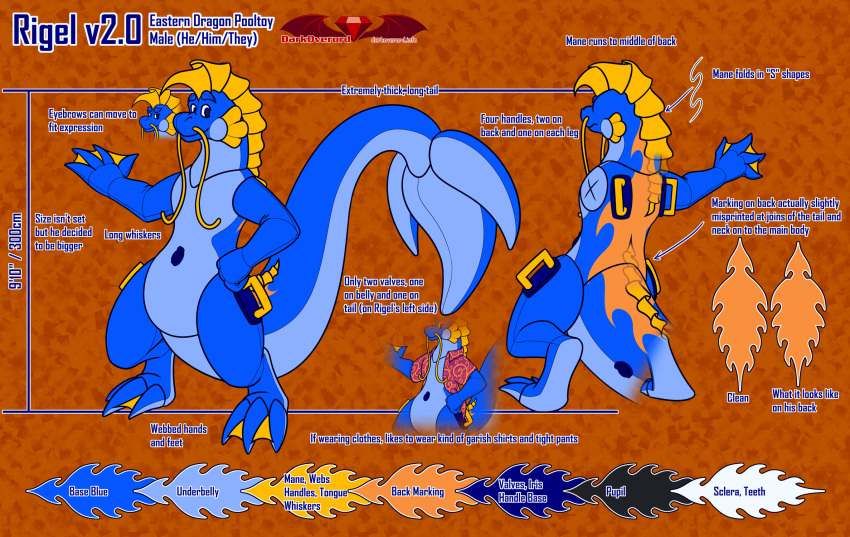 2022 air_valve animate_inanimate anthro barbel_(anatomy) big_tail blue_body blue_eyes cheek_frill darkoverord digital_media_(artwork) digitigrade dragon eastern_dragon english_text flesh_whiskers frill_(anatomy) grey_pupils handles handles_on_back handles_on_hips hi_res huge_tail inflatable living_inflatable male mane markings membrane_(anatomy) model_sheet orange_background orange_markings pupils rigel_(darkoverord) simple_background solo spade_tail tail text textured_background webbed_feet webbed_hands yellow_frill