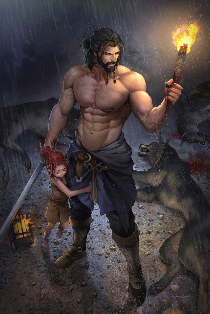 1boy 1girl abs absurdres aenaluck animal bandaged_foot bandages bara beard belt black_hair black_pants boots brown_belt brown_dress carlnes_(aenaluck) chest_hair dress facial_hair female_child fire highres holding holding_sword holding_torch holding_weapon large_pectorals long_hair medium_hair muscular muscular_male navel nipples original outdoors pants pectorals ponytail rain red_hair sandals sword topless_male torch uncle_and_niece water_drop weapon wolf