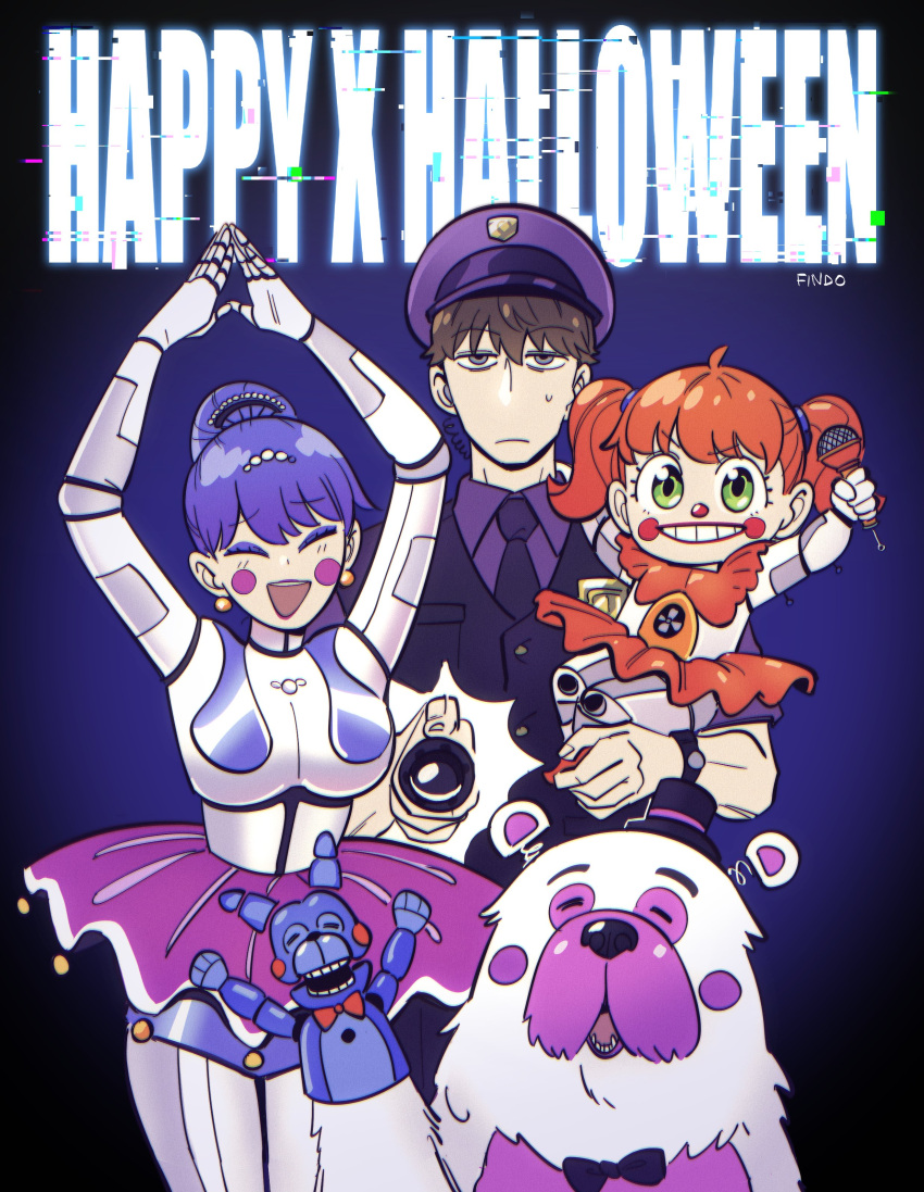 1boy 2girls absurdres anya_(spy_x_family) ballora_(fnaf) ballora_(fnaf)_(cosplay) bon_bon_(fnaf) bond_(spy_x_family) circus_baby_(fnaf) circus_baby_(fnaf)_(cosplay) closed_eyes clown cosplay crossover dog father_and_daughter findoworld five_nights_at_freddy's five_nights_at_freddy's:_sister_location flashlight funtime_freddy funtime_freddy_(cosplay) grin halloween happy_halloween hat highres holding holding_flashlight holding_microphone husband_and_wife michael_afton michael_afton_(cosplay) microphone mother_and_daughter multiple_girls smile spy_x_family sweatdrop top_hat twilight_(spy_x_family) yor_briar