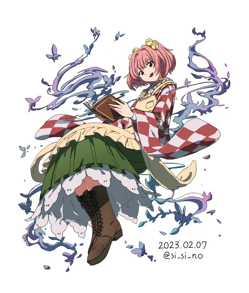 1girl apron bell book boots brown_footwear bug butterfly character_name checkered_clothes checkered_kimono clothes_writing frilled_skirt frills green_skirt hair_bell hair_ornament highres holding holding_book japanese_clothes jingle_bell kimono motoori_kosuzu orange_hair red_eyes red_hair red_kimono romaji_text shishi_osamu skirt smoke solo touhou two-tone_kimono two_side_up white_kimono yellow_apron