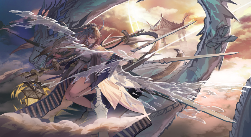 1girl absurdres alcohol architecture arknights blue_hair breasts cloud coat cup dragon east_asian_architecture eastern_dragon highres holding holding_staff horns lantern large_breasts ling_(arknights) long_hair meganeno_dokitsui one_eye_closed pointy_ears sakazuki sake staff twilight white_coat