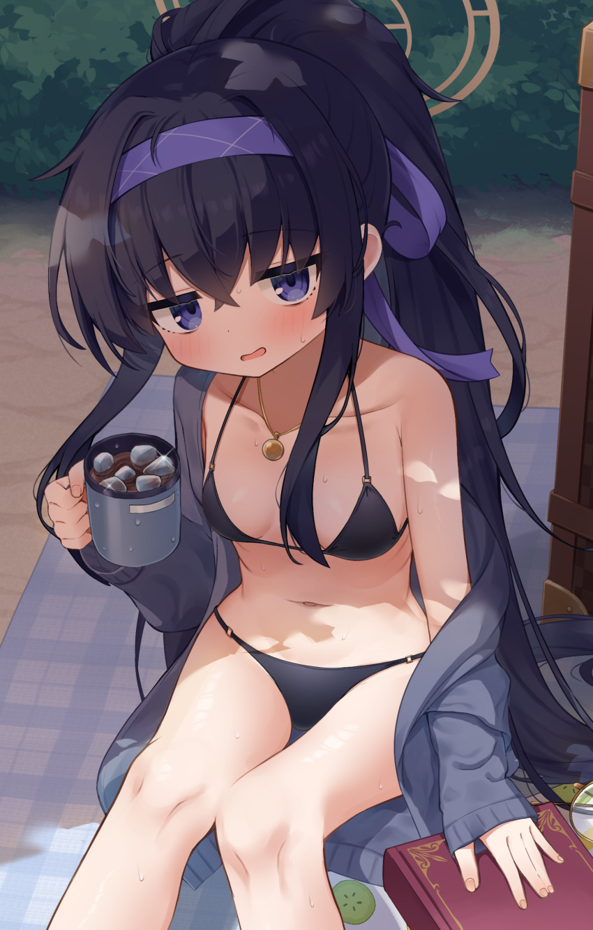 1girl absurdres bags_under_eyes bikini bikini_under_clothes black_bikini blue_archive blush breasts coffee collarbone commentary_request crossed_bangs cup feet_out_of_frame grey_jacket hair_between_eyes hair_ribbon hairband halo highres holding holding_cup jacket jewelry long_hair long_sleeves looking_at_viewer navel off_shoulder official_alternate_costume parted_lips pendant ponytail purple_eyes purple_hairband purple_ribbon ribbon sitting sleeves_past_wrists small_breasts solo swimsuit ui_(blue_archive) ui_(swimsuit)_(blue_archive) very_long_hair waon_(43ctw) yellow_halo